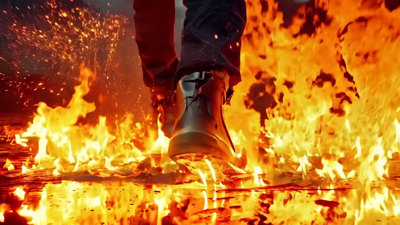 una persona de pie frente a un fuego con los pies en el suelo