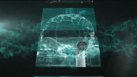 animation of rotating digital brain over data processing on cascade of interface screens