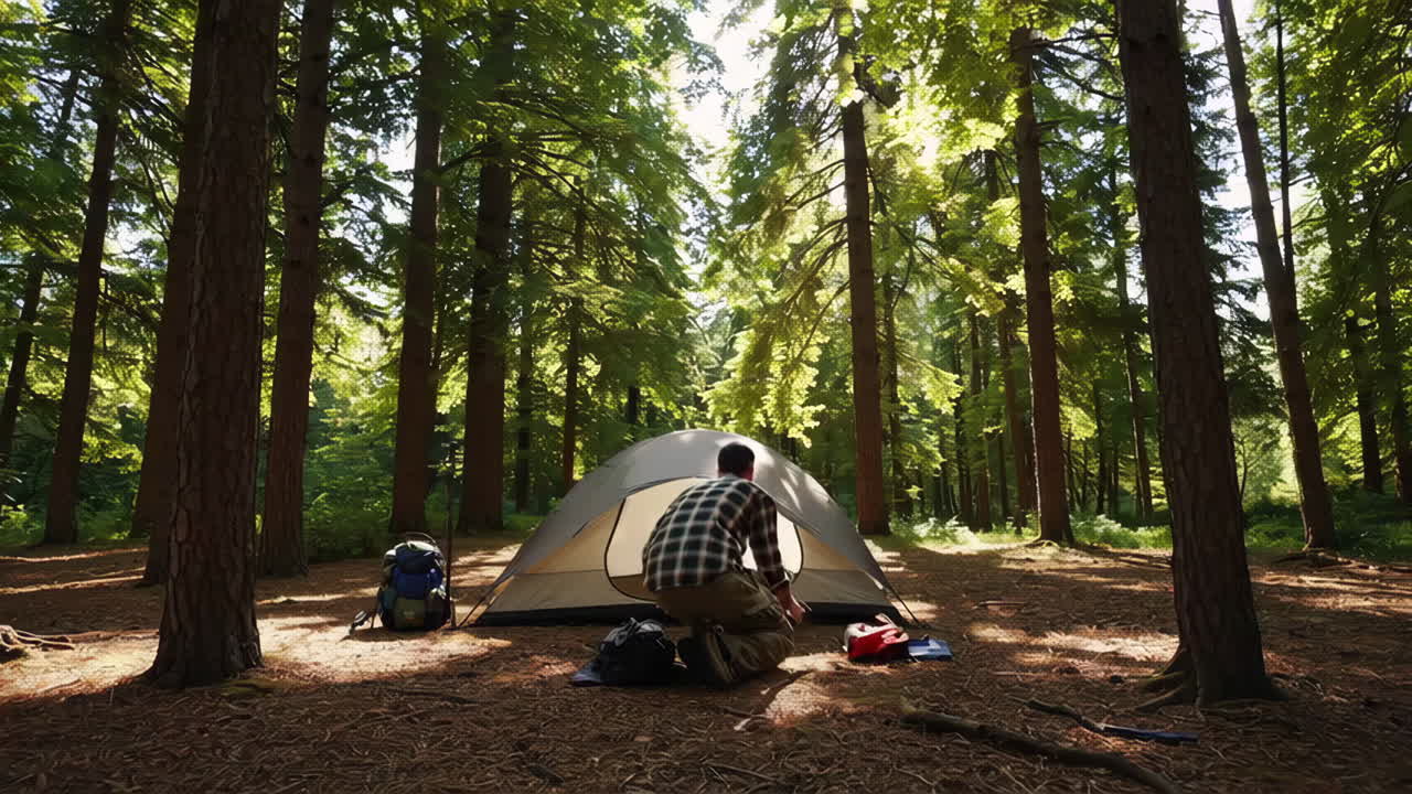 Man Setting Up Tent in Forest