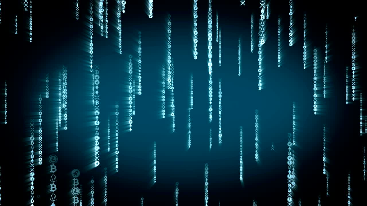 Digital blue crypto coins falling in Matrix. Seamless concept with alpha matte