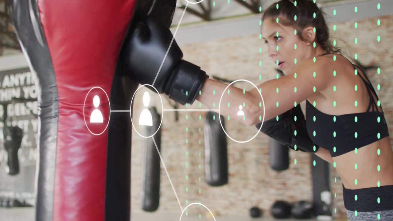 Boxer throwing jabs at heavy bag while user icons growing form green data network showing fitness