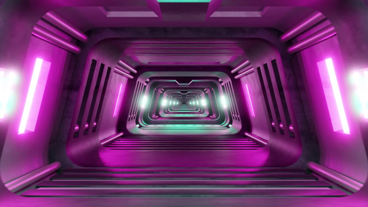 Futuristic indoor tunnel with colorful purple neon lights