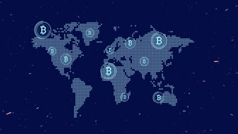 animation of bitcoin icons, digital data processing over world map