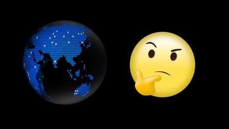 digital animation of thinking face emoji and spinning globe icon against black background