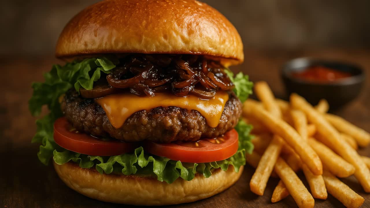 Video ravvicinato di un hamburger gourmet con formaggio fuso, cipolle caramellate e patatine fritte