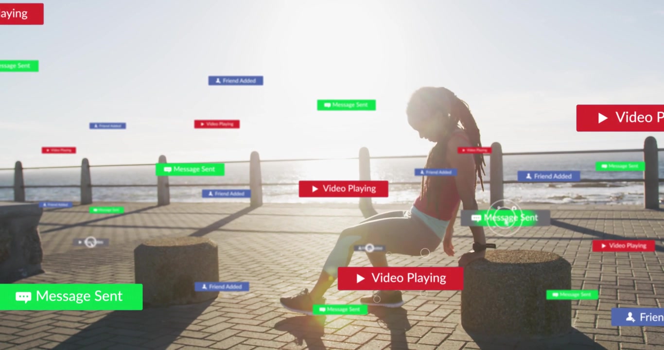 Woman exercising with triceps dips on seaside movement causing animated fitness badges around sun