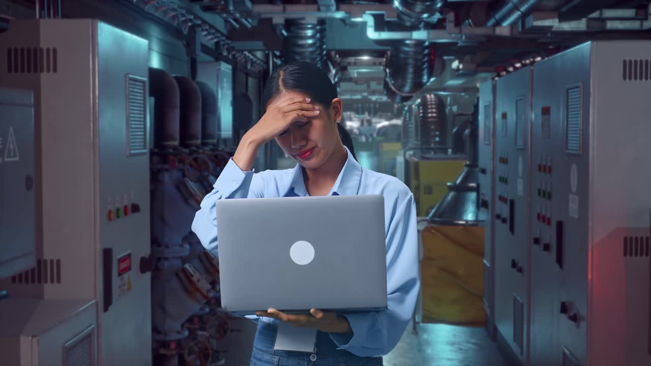 Asian Female Professional Worker Standing With Her Laptop In Engine Control Room, She Is Nodding Her Shead With Dissapionted