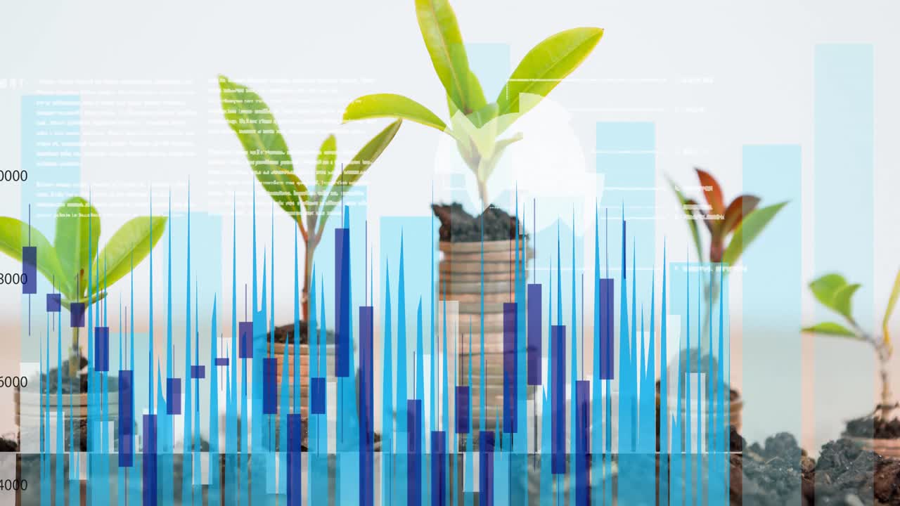 animación del procesamiento de datos y el registro estadístico sobre pilas de monedas con plantas