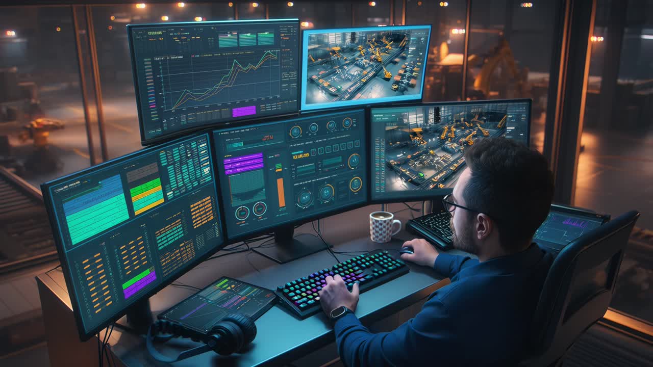High-angle view of a tech professional analyzing data on multiple screens in a video control room