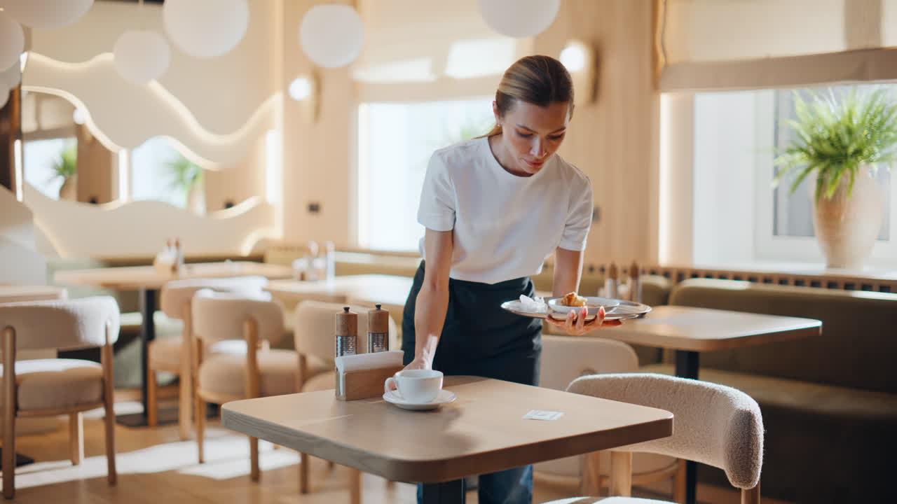 Cafe waitress cleaning table taking dishes after client. Girl staff working