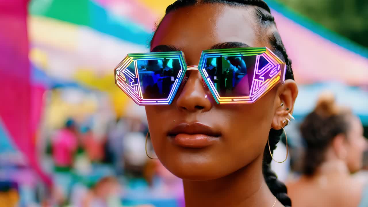 Stylish Woman Wearing Colorful Sunglasses at a Festival