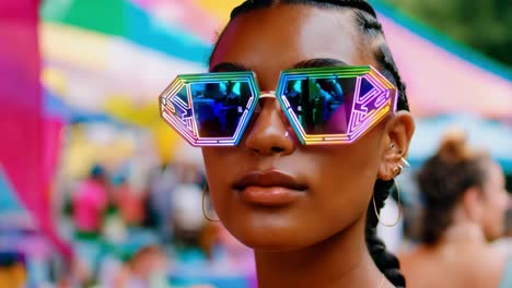 stylish woman wearing colorful sunglasses at a festival