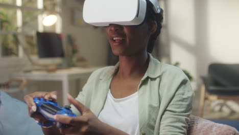 young woman playing a virtual reality game with a headset and controller