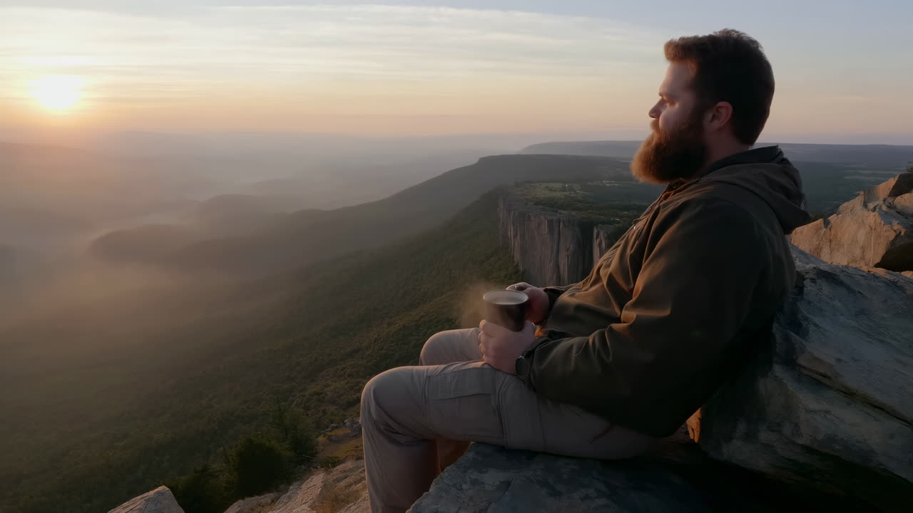 Uomo bianco guarda l'alba sulla valle, sorseggiando caffè, seduto su una scogliera, umore contemplativo, calda luce dorata