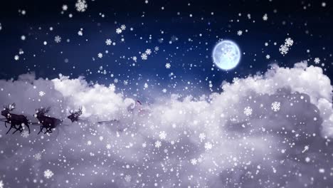 animation of snowflakes over santa claus in sleigh with reindeer and sky with clouds