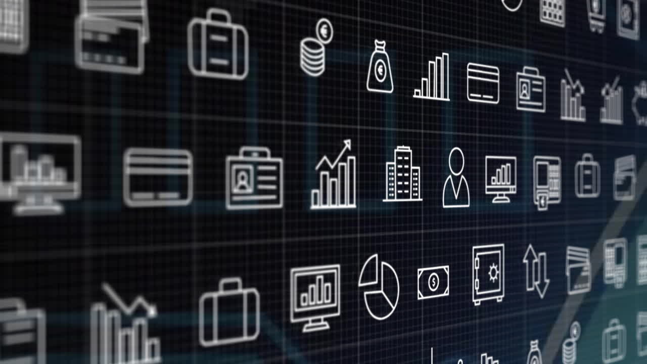 Displaying financial icons and graphs on digital grid with animation effects