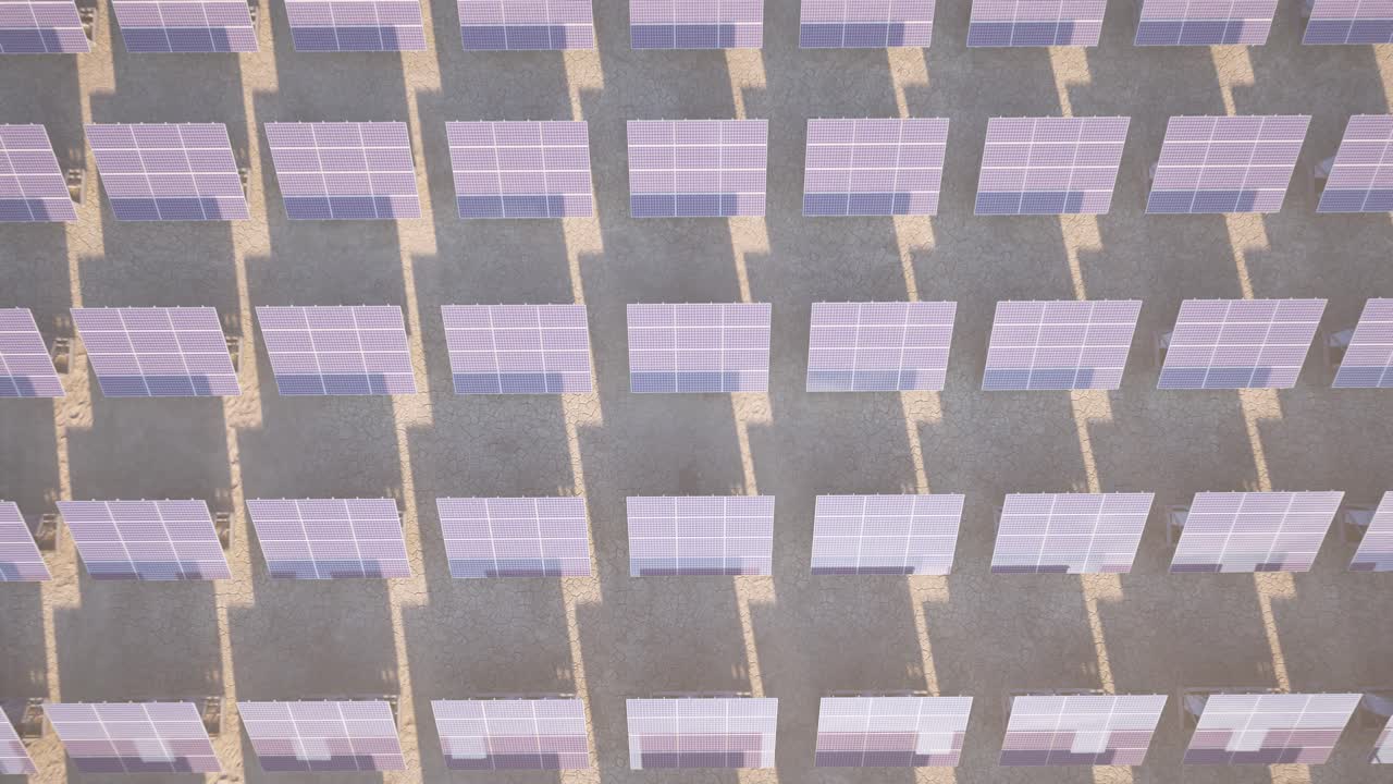 un parque solar, granja solar, central eléctrica fotovoltaica en el desierto, animación 3d, paisaje animado, vista desde arriba