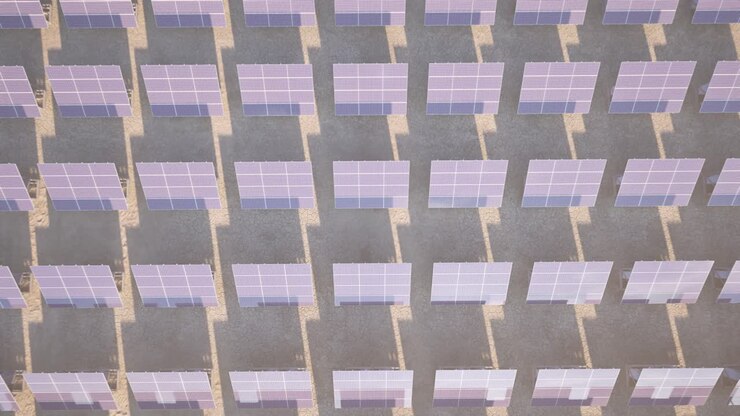 A solar park, solar farm, photovoltaic power station in the desert, 3D animation, animated scenery, top view
