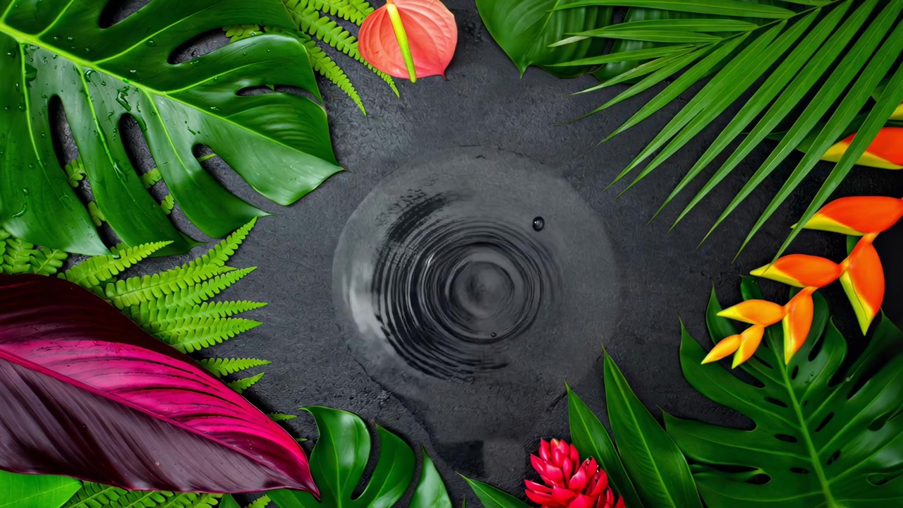 Feuilles et fleurs tropicales avec des gouttes d'eau et des ondulations sur une pierre noire.
