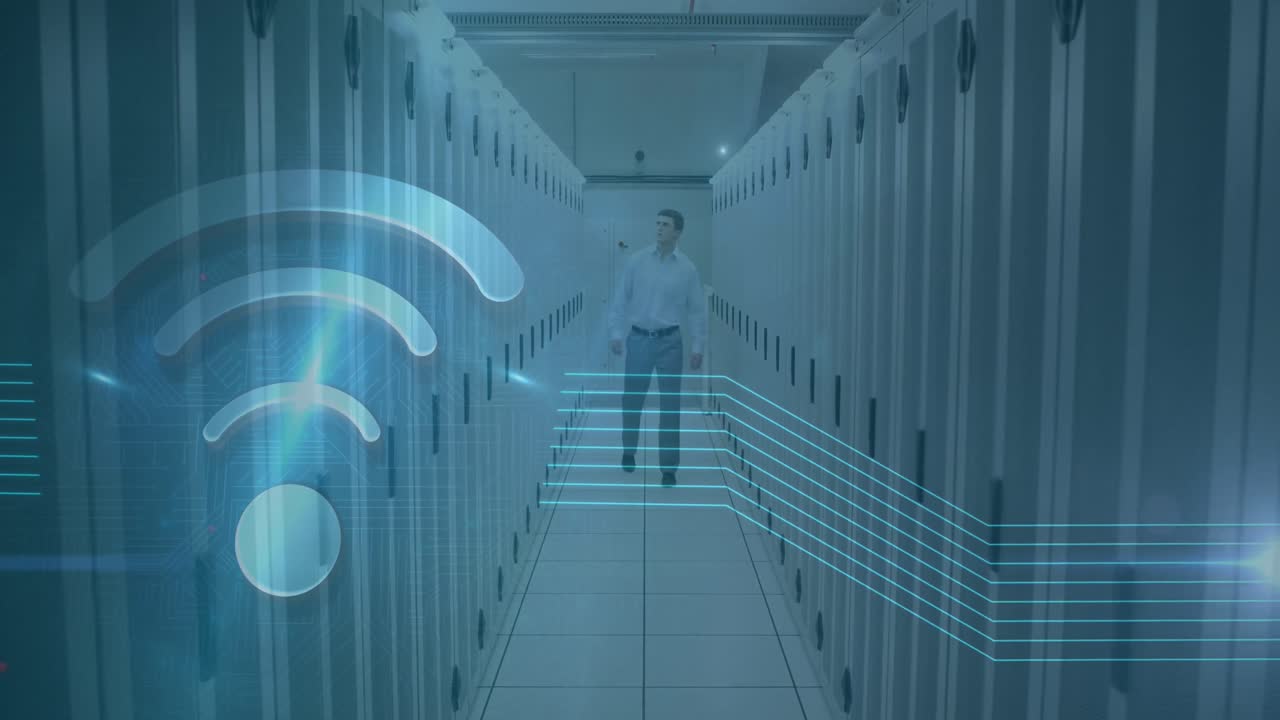 Animation of wifi icon over caucasian man working in a server room