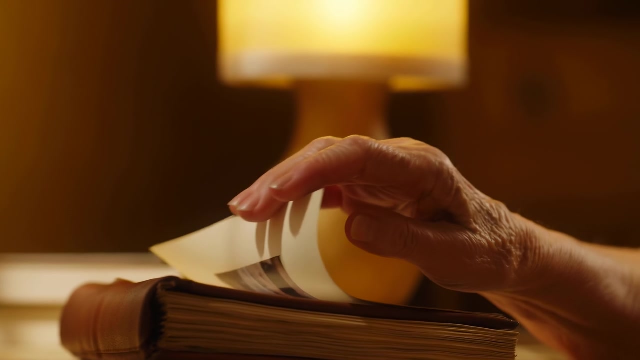 Vista ravvicinata segue le dita che si muovono sulla copertina di un libro prima di alzare una pagina, mentre una lampada da tavolo soffusa brilla dietro, creando una calda luce dorata, profondità sfocata e un dettaglio di lettura interna tranquilla.