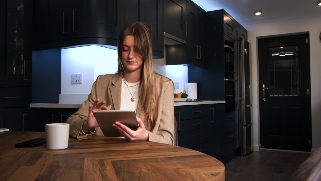 female model in a smart jacket drinking from a cup using a iPad, tablet at a kitchen table in a modern kitchen