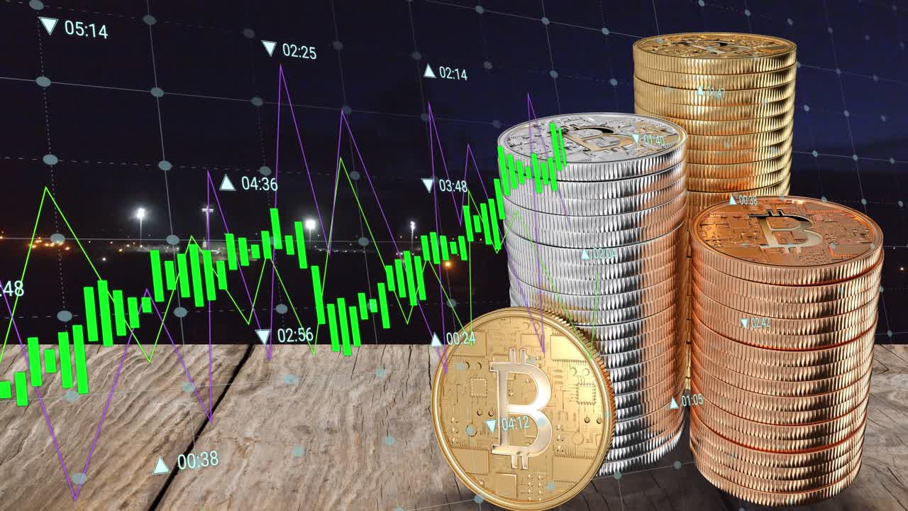 animación del procesamiento de datos financieros sobre pilas de bitcoins