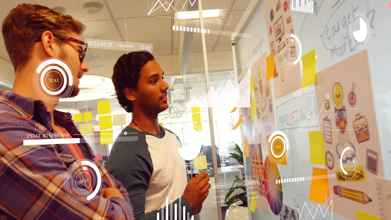 Presenter pointing whiteboard and moving sticky notes for design planning while colleague nodding