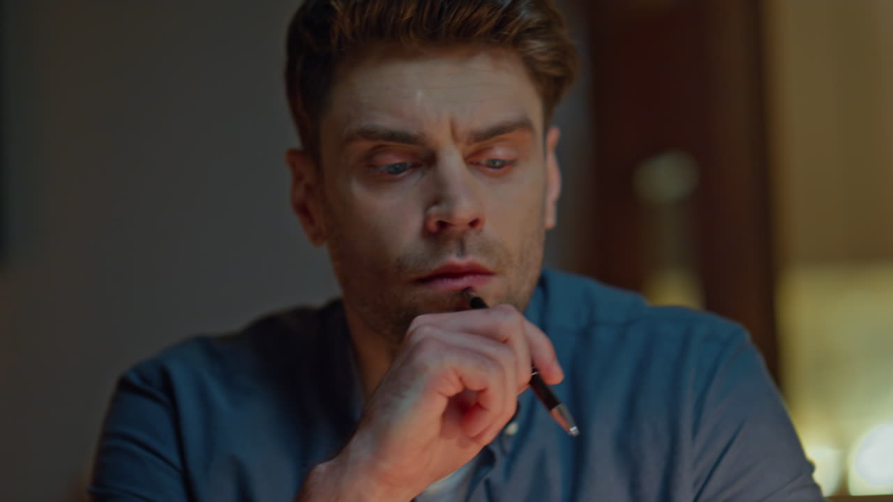 Freelancer hands writing notes at night apartment closeup. Focused guy thinking