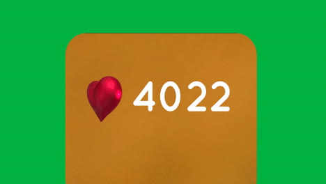 animación del icono del corazón rojo y el aumento de los números en la bandera naranja contra un fondo verde