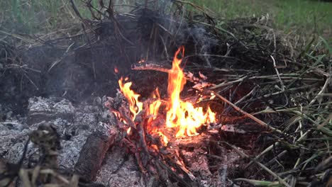 fuego que se desvanece con cenizas sobrantes después de quemar madera seca, hojas y paja durante la hoguera