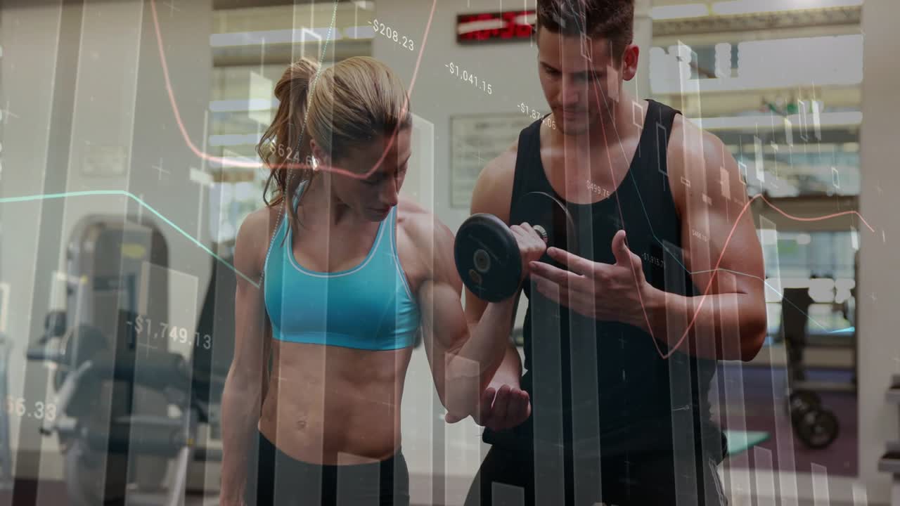 Trainer cueing and adjusting grip while woman doing fitness curls with chart bars correcting form