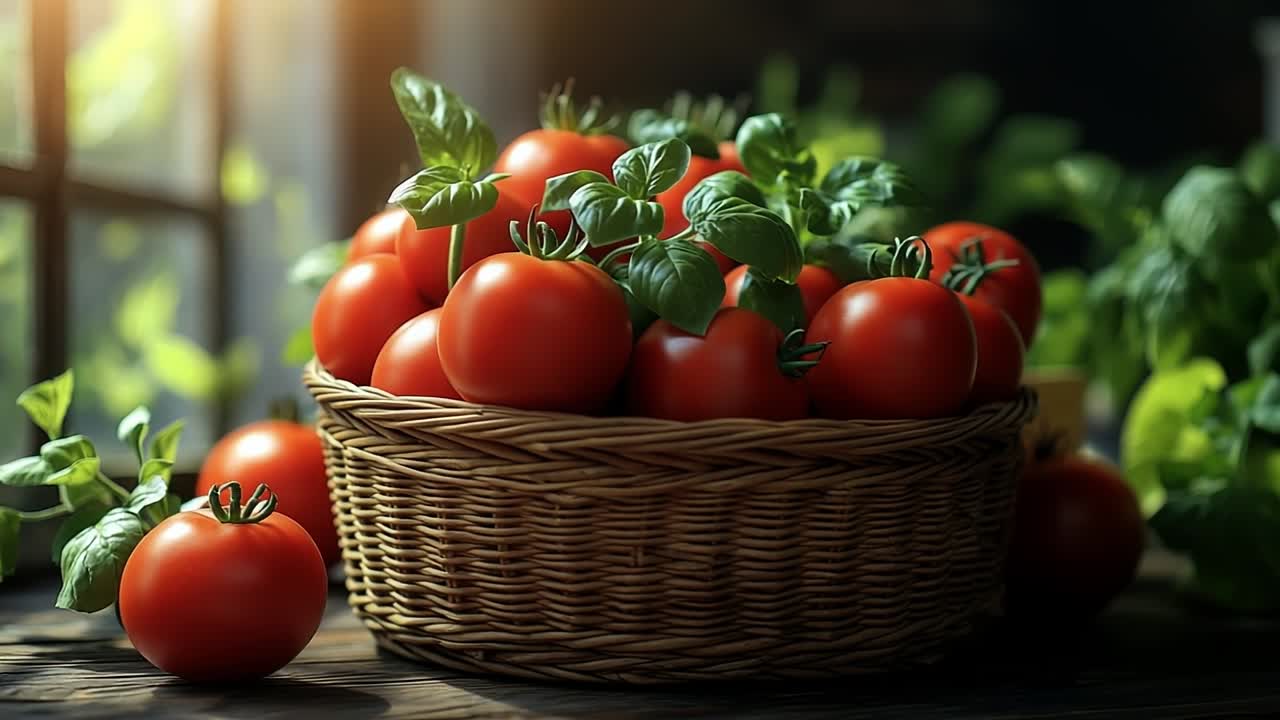 Freshly harvested tomatoes in a basket. A wicker basket brimming with vibrant red tomatoes rests in a sunlit kitchen near green basil plants.