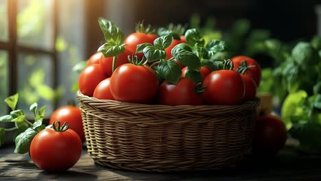 freshly harvested tomatoes in a basket. a wicker basket brimming with vibrant red tomatoes rests in a sunlit kitchen near green basil plants.