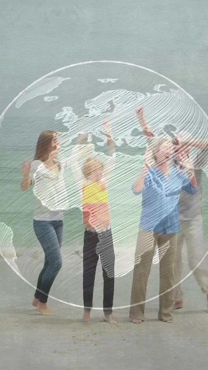 Vídeo vertical: Família se formando a partir de um trio pulando na praia, com globo girando sobre o grupo para viagem.