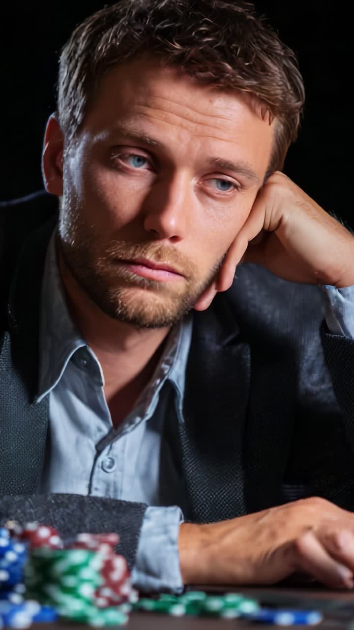 A Pensive Player Contemplates His Next Move in a Tense Gambling Environment Surrounded by Colorful Poker Chips and the Weight of Uncertain Decisions