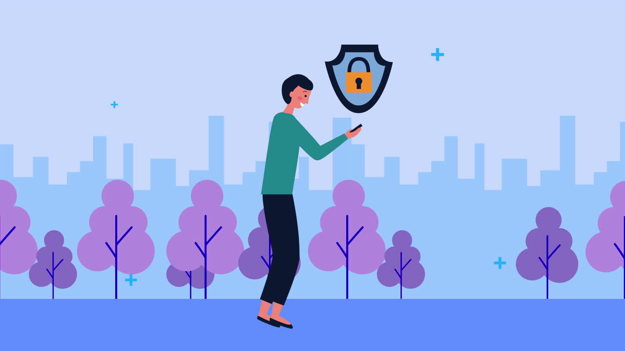 잠금장치가 있는 스마트폰을 사용하는 젊은 사업가