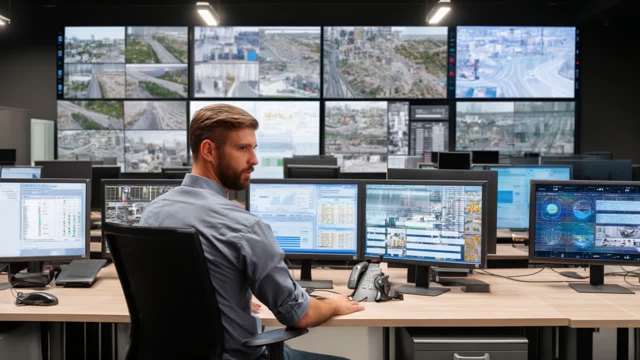 A focused operator monitors multiple screens in a high-tech control room, analyzing real-time data and overseeing complex operations across multiple locations