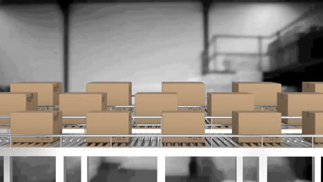 animation of cardboard boxes moving on conveyor belts in warehouse
