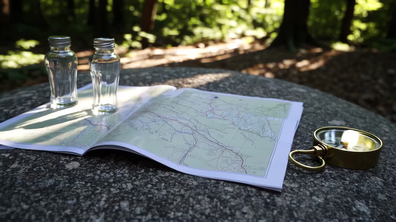 Hiking Map and Compass in Forest
