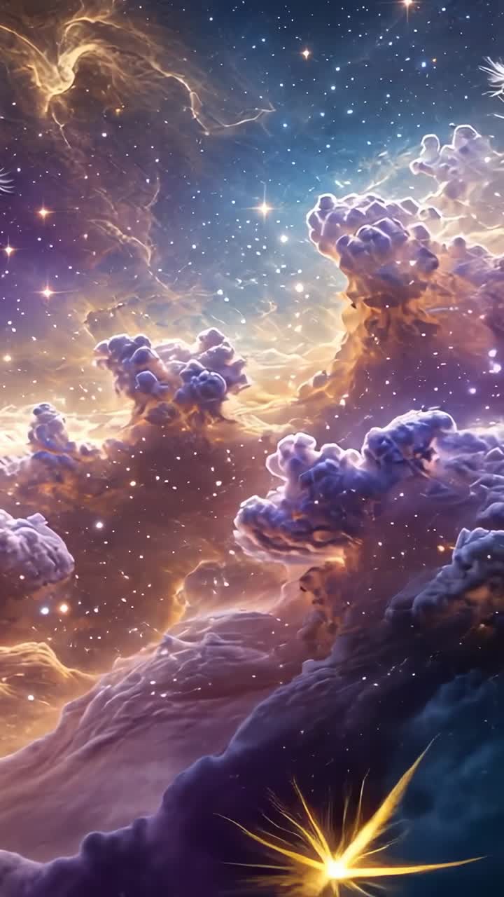 Vertical video: Showing nebula clouds swirling then golden flare igniting creating glow in space