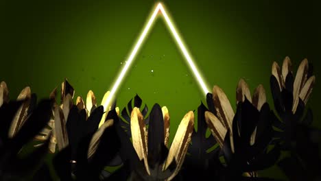 Animation-of-copy-space-and-neon-triangle-over-leaves-on-green-background