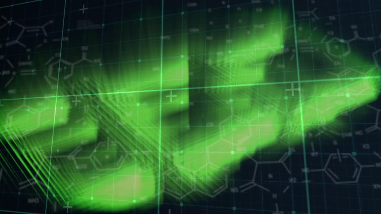 animación de fórmulas químicas y datos sobre un fondo negro con formas verdes