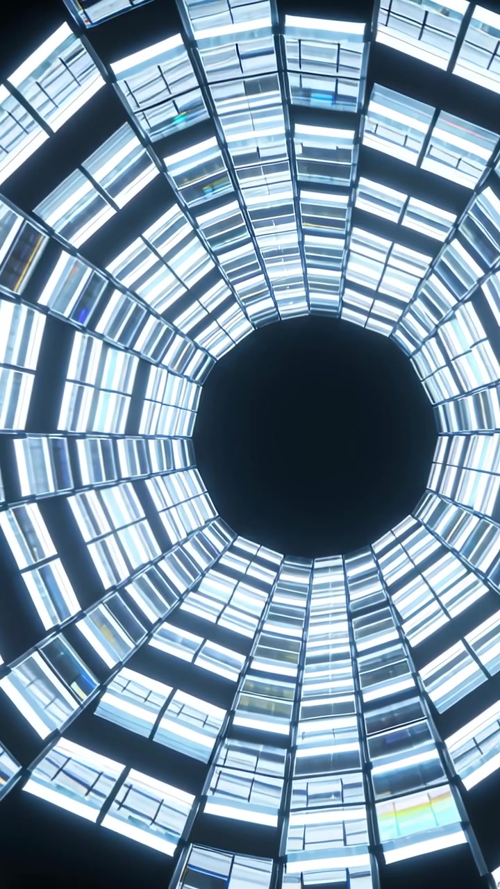 Vertical video: Tilting camera panning shaft in atrium, showing lit rings and oculus to show depth