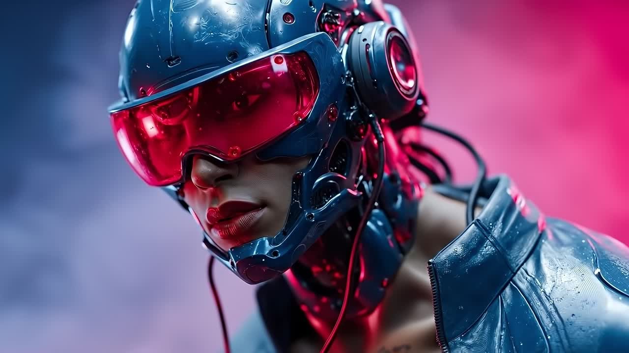 una mujer con casco y gafas de protección con auriculares