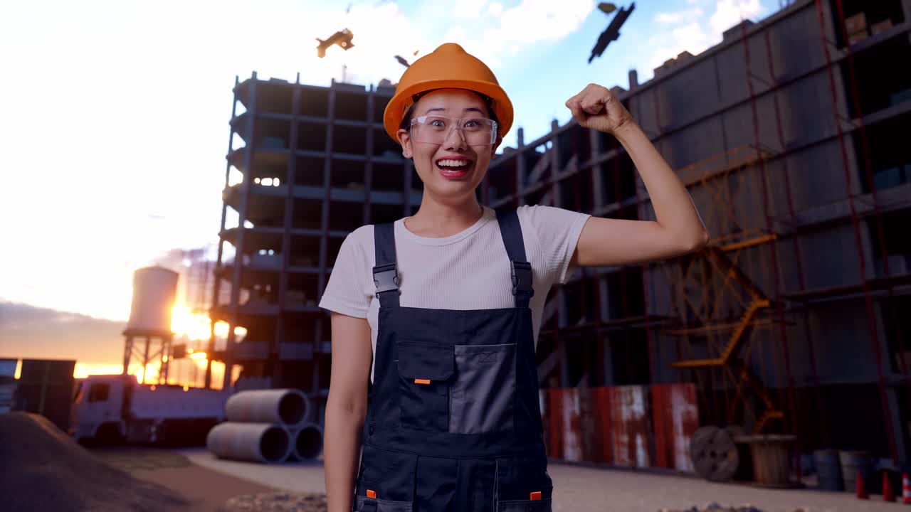 trabajadora asiática con gafas de protección y casco de seguridad sonriendo y flexionando su bíceps mientras está de pie en el sitio de construcción