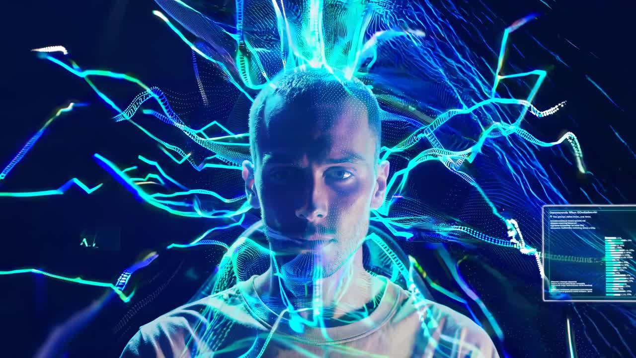 Futuristic video concept with a front-facing angle, showcasing a man surrounded by neon digital