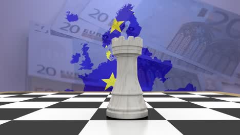 Animation-of-rook-on-chess-board-with-european-union-flag-in-map-over-20-and-50-euros-on-table