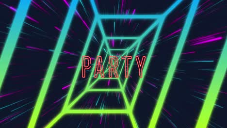 animation of party text over green neon lines and light trails on black background