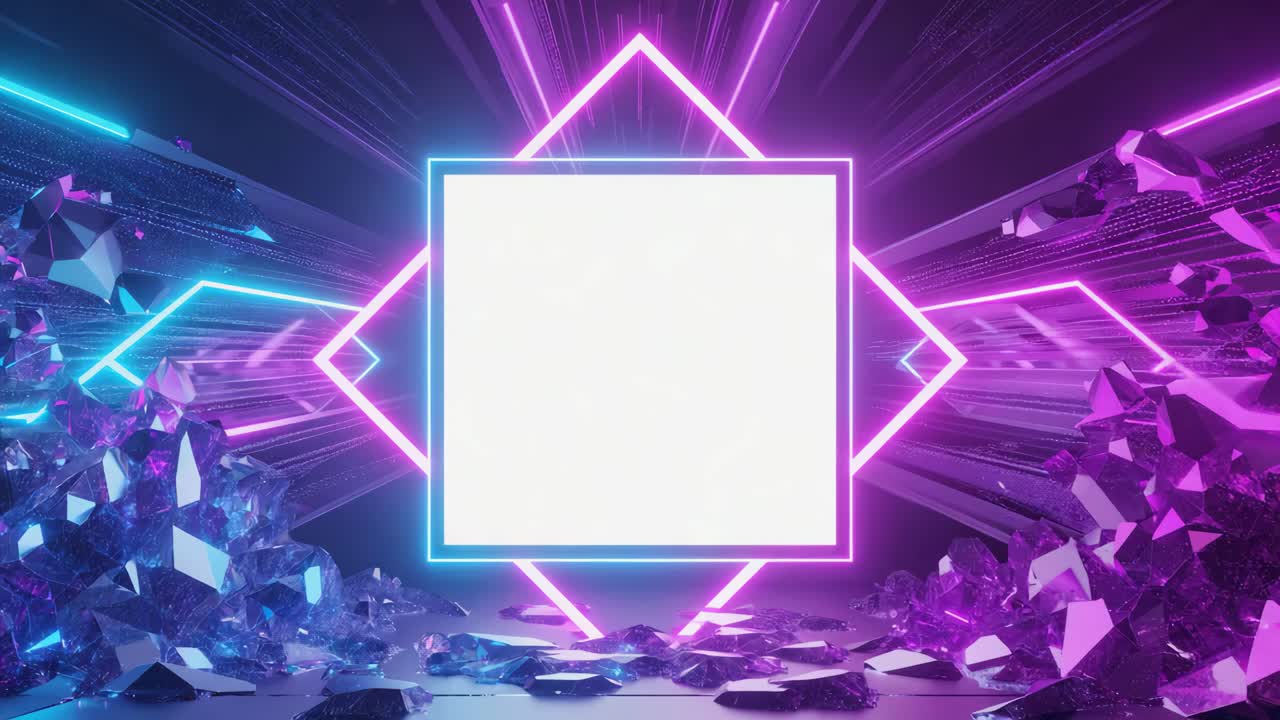 Neon crystal frame with glowing purple and blue lights
